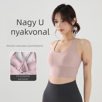 Női fitnesz melltartó, egysoros sporttop, magas tartással, teljes kosár közepes formázással, nylon/spandex anyag, merev dupla vállpántok, párnázott.