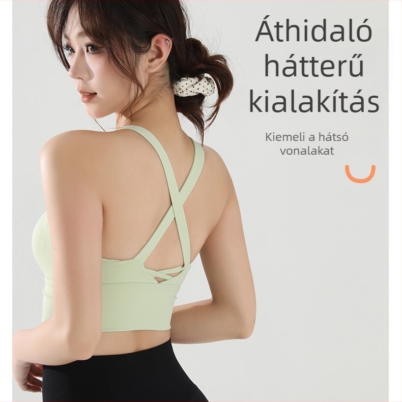 Női fitnesz melltartó, egysoros sporttop, magas tartással, teljes kosár közepes formázással, nylon/spandex anyag, merev dupla vállpántok, párnázott.