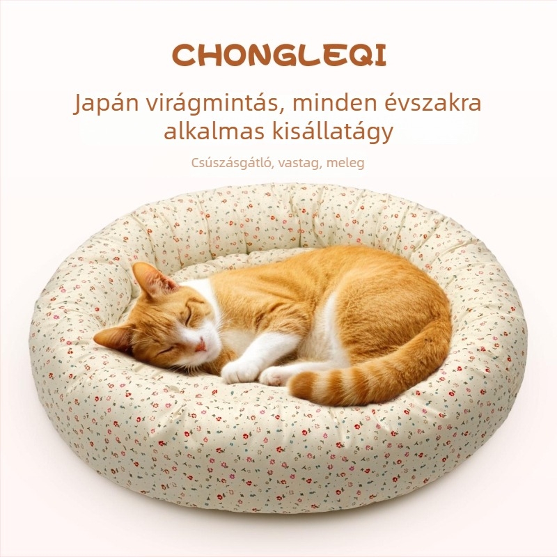Minden évszakos macskaágy, gépi mosás, japán virágmintás, légáteresztő és kényelmes, kapitoneált, csúszásmentes