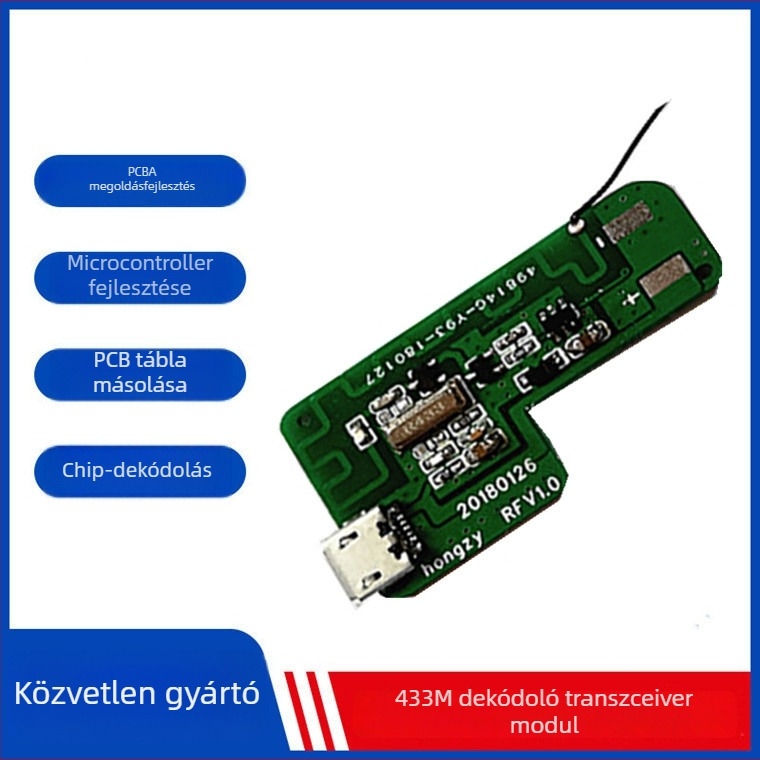 433MHz vezeték nélküli transzceiver PCBA modul kutya tréningre és ugatás megállítására, modell Hzy-107, kétrétegű alumínium PCB, 1.8–3.6 V