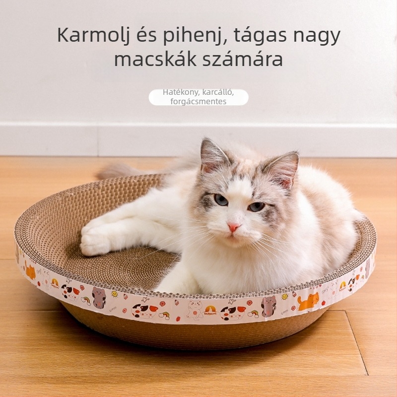 Téli meleg kör alakú macskafészek kaparódeszkával és játékokkal, hullámkartonból