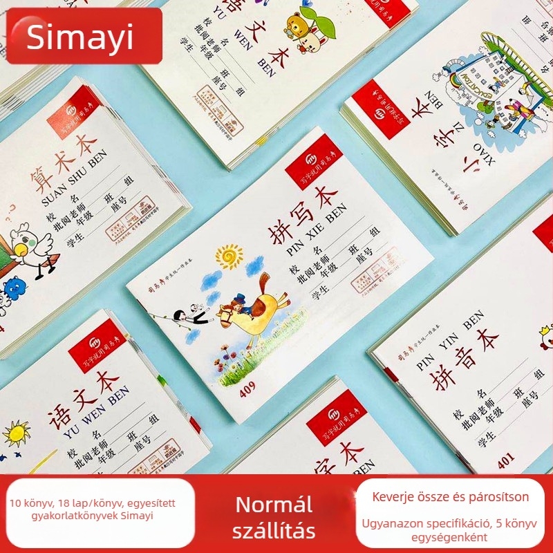 Munkafüzet – Pinyin, kínai, matematika, írás, helyesírás, angol nyelvű összefüggés (kompozíció); papírborító; papírtartalom; papír súly 100; 1–50 oldal; kreatív stílus