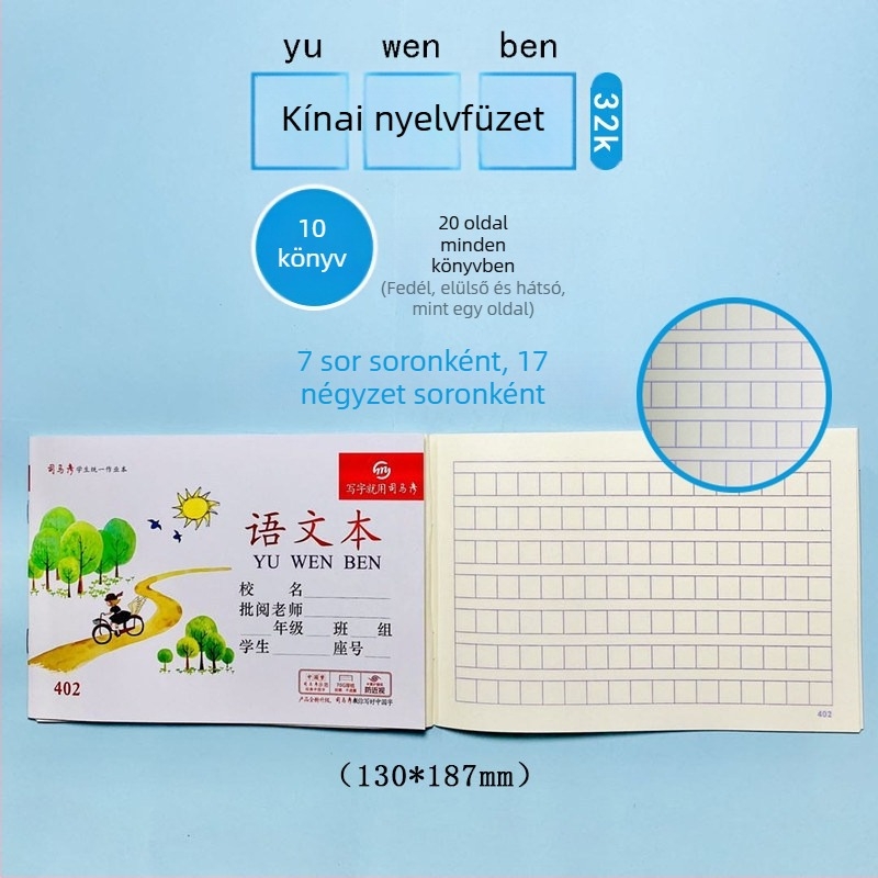 Munkafüzet – Pinyin, kínai, matematika, írás, helyesírás, angol nyelvű összefüggés (kompozíció); papírborító; papírtartalom; papír súly 100; 1–50 oldal; kreatív stílus