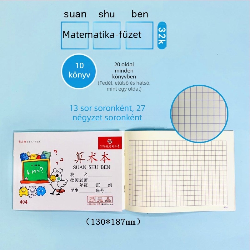 Munkafüzet – Pinyin, kínai, matematika, írás, helyesírás, angol nyelvű összefüggés (kompozíció); papírborító; papírtartalom; papír súly 100; 1–50 oldal; kreatív stílus