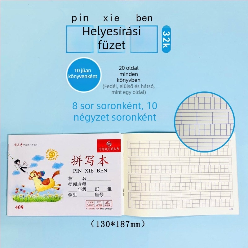 Munkafüzet – Pinyin, kínai, matematika, írás, helyesírás, angol nyelvű összefüggés (kompozíció); papírborító; papírtartalom; papír súly 100; 1–50 oldal; kreatív stílus