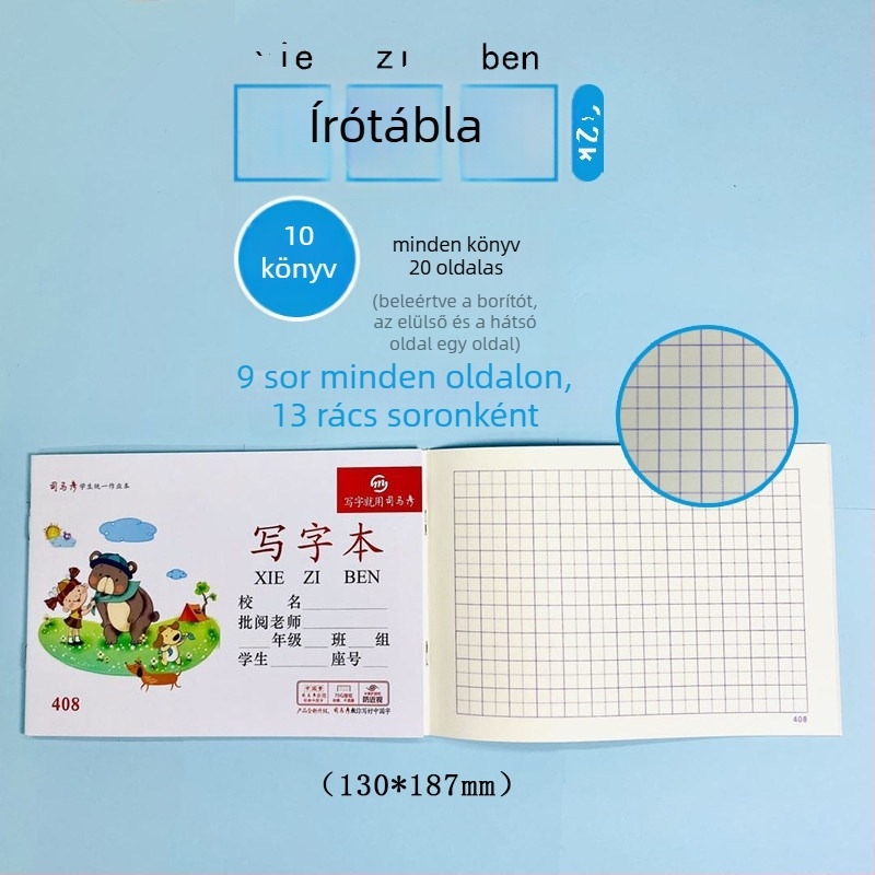 Munkafüzet – Pinyin, kínai, matematika, írás, helyesírás, angol nyelvű összefüggés (kompozíció); papírborító; papírtartalom; papír súly 100; 1–50 oldal; kreatív stílus