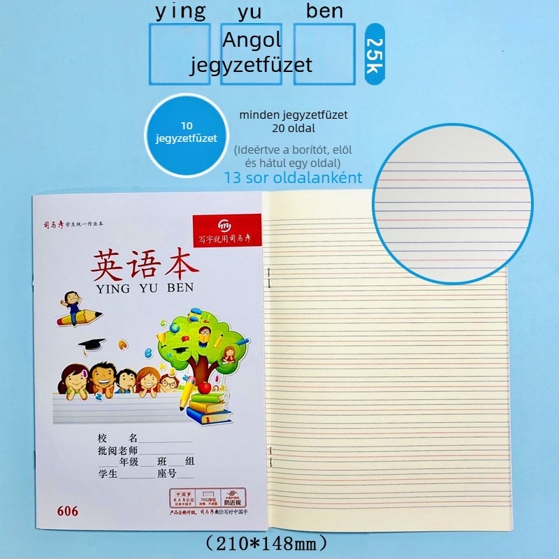 Munkafüzet – Pinyin, kínai, matematika, írás, helyesírás, angol nyelvű összefüggés (kompozíció); papírborító; papírtartalom; papír súly 100; 1–50 oldal; kreatív stílus