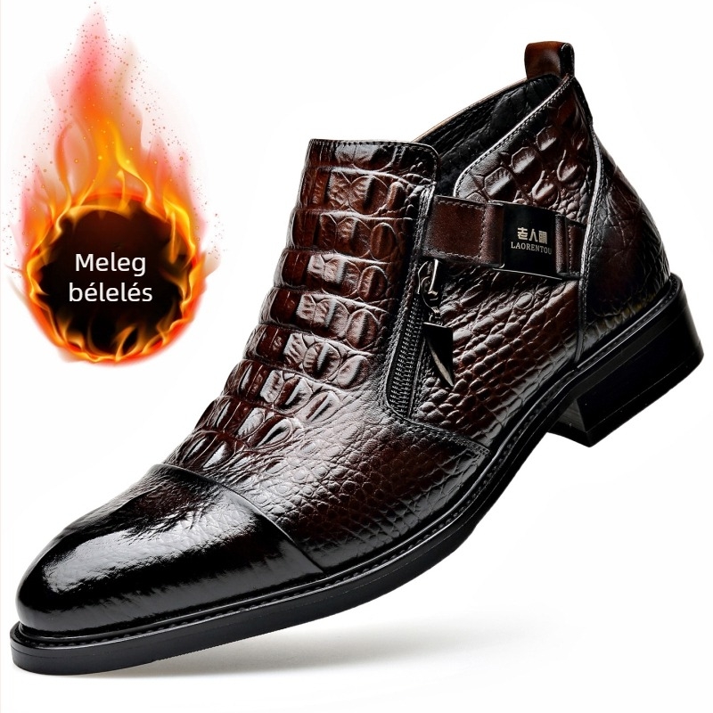 Chelsea bakancsok valódi bőrből, oldalsó cipzár, alacsony sarok, üzleti-casual stílus, férfiaknak