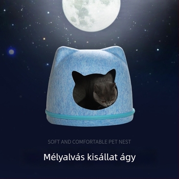Levehető, mosható filcből készült macskafészek, egész éves használatra, félzárt kialakítású, párnázott, két szintes, macskafej formájú