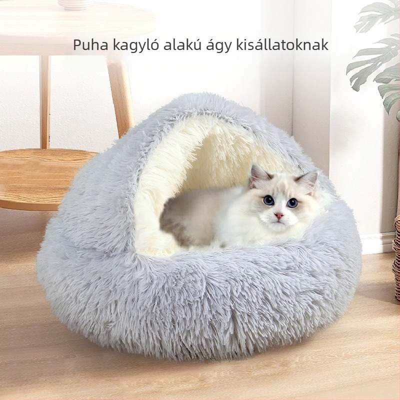 Téli meleg macskafészek, félig zárt dizájn, csigaház formájú, plüss anyag