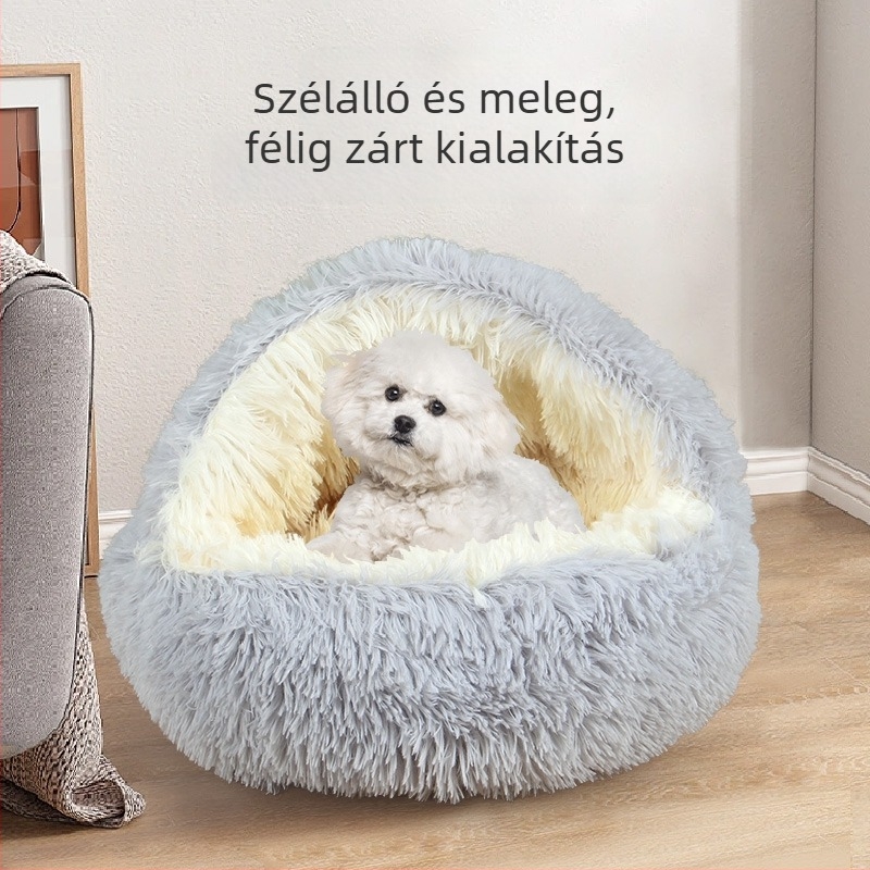 Téli meleg macskafészek, félig zárt dizájn, csigaház formájú, plüss anyag