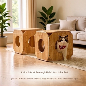 Pamut macskafekhely integrált barlanggal és rejtekhellyel, egész évben meleg