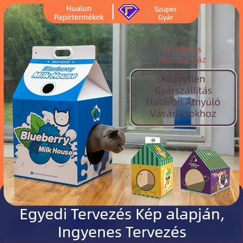 Macskafészek kaparódeszkával és zárt kartondobozzal, hullámkartonból készült, egész éves használatra, minden macskafaj számára