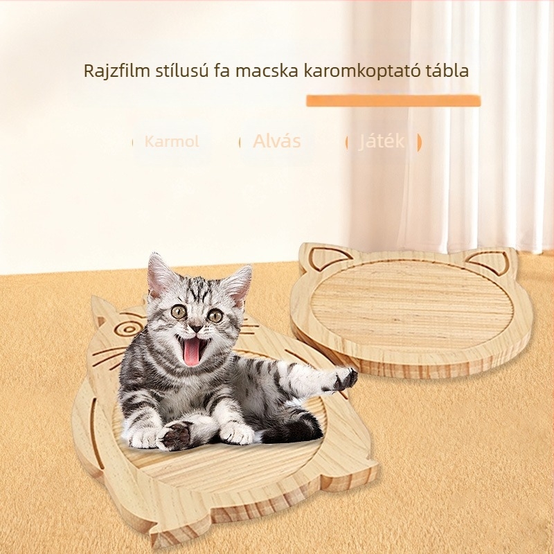 Fából készült macska karmolás deszka – kopásálló, szöszmentes, karmok ápolására szolgáló deszka, macska játék