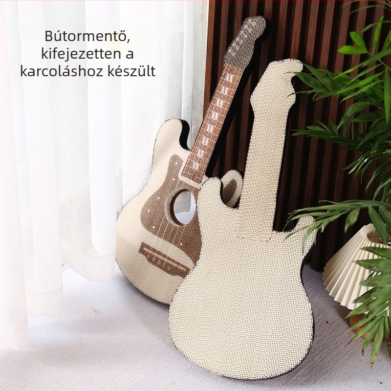 Gitár alakú macska karmoló tábla, sűrű lemez és hullámpapír konstrukció, kopásálló és szőrszálak nélkül, egyszerű stílus