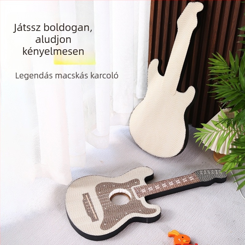 Gitár alakú macska karmoló tábla, sűrű lemez és hullámpapír konstrukció, kopásálló és szőrszálak nélkül, egyszerű stílus