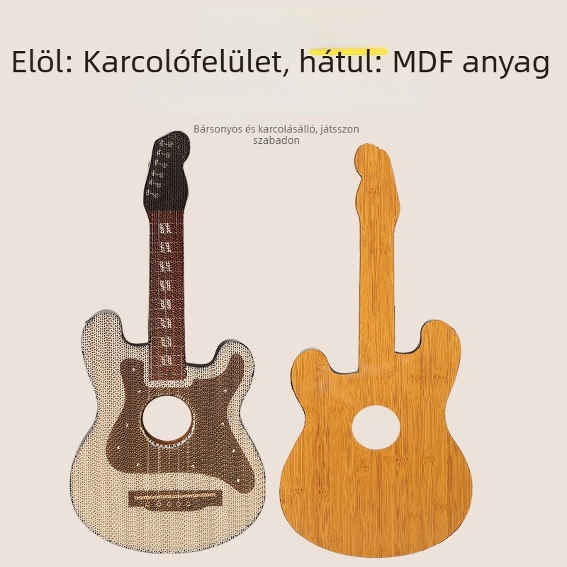 Gitár alakú macska karmoló tábla, sűrű lemez és hullámpapír konstrukció, kopásálló és szőrszálak nélkül, egyszerű stílus