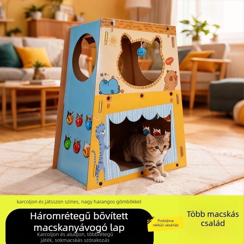 Háromemeletes macskatanya fészekkel, kaparódeszka több macskának és macskaház — Márka: Más; Anyag: Papír; Stílus: Karikatúra