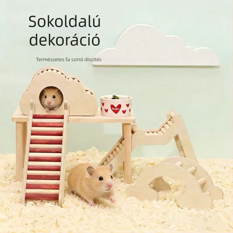 Hamster élőhely – dekoratív villa felhő menedékkel, fenyőből készült, ovális alakú, harapásbiztos, beltéri és kültéri használatra
