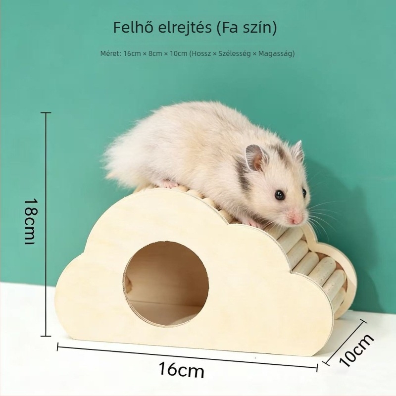 Hamster élőhely – dekoratív villa felhő menedékkel, fenyőből készült, ovális alakú, harapásbiztos, beltéri és kültéri használatra