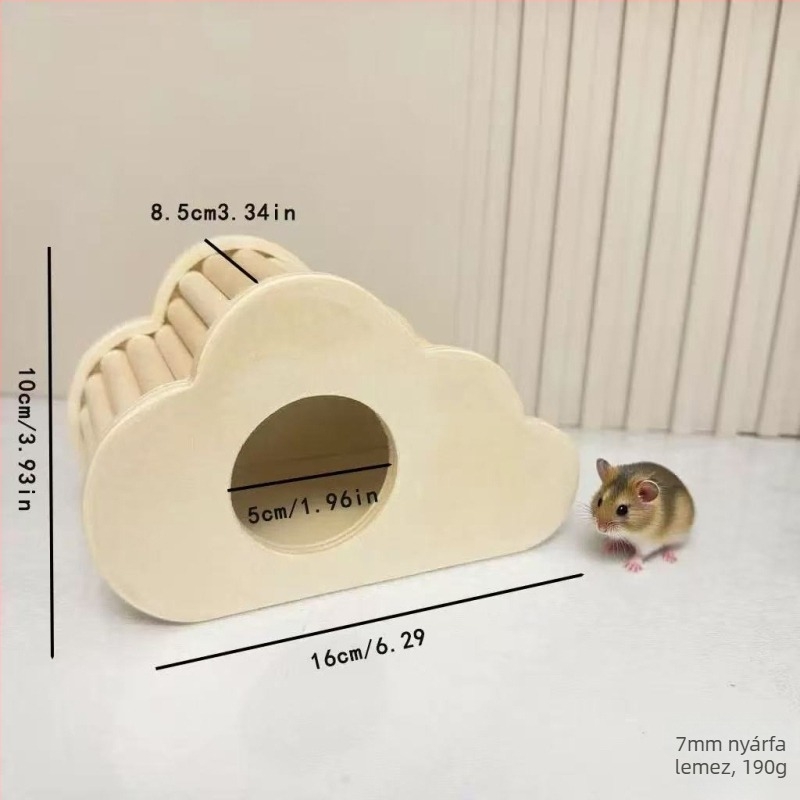 Hamster élőhely – dekoratív villa felhő menedékkel, fenyőből készült, ovális alakú, harapásbiztos, beltéri és kültéri használatra