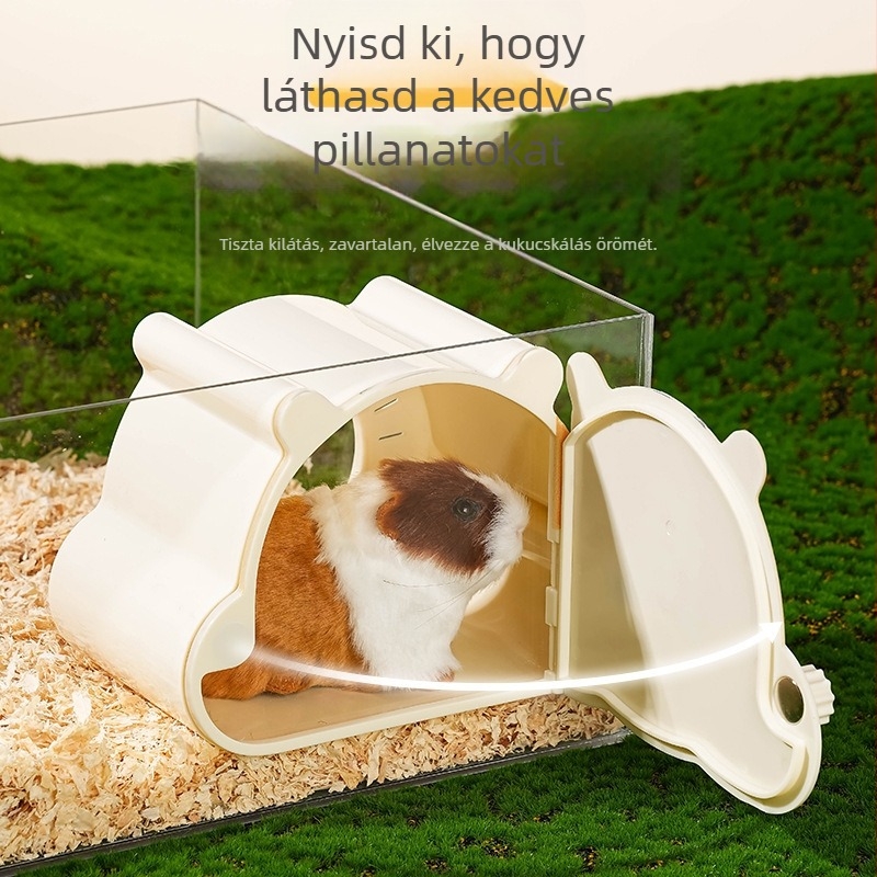 Műanyag hörcsög-ház rajzfilm-stílusban, ház formájú élőhely, megfigyelő ablakkal, belső és kültéri használatra