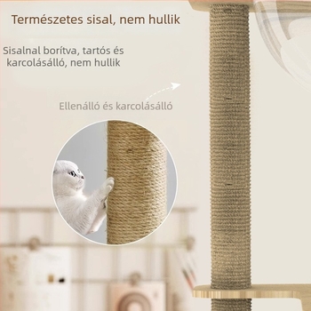 Macskafa sűrű farostlemezből, űrkapszula alakú hálóhely, mászókeret, karomláb oszlop, több szintes villa