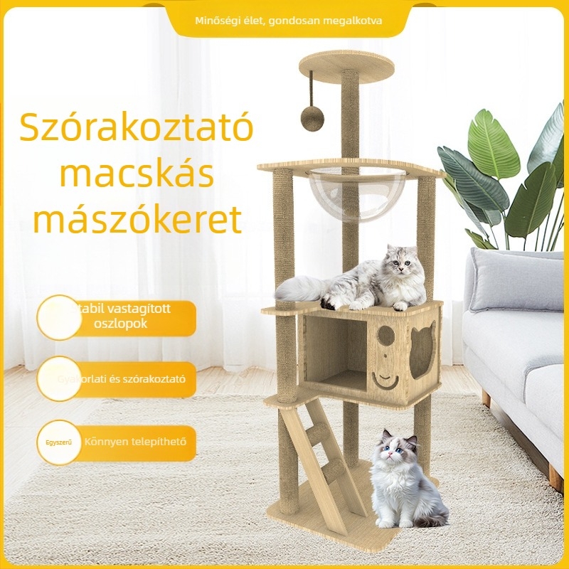 Macskafa sűrű farostlemezből, űrkapszula alakú hálóhely, mászókeret, karomláb oszlop, több szintes villa