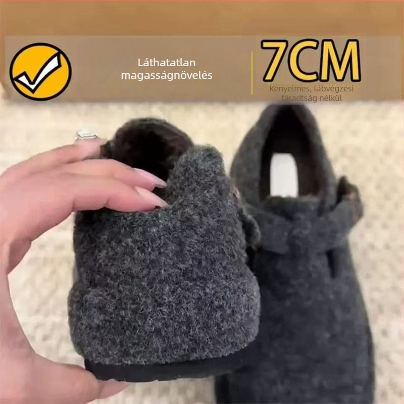 Női slip-on cipő 6 cm rejtett belső magassággal, plüss felsőrész, mű plüss belső bélés, gumírozott talp, Velcro-zárás — téli/ősz mindennapi viselet