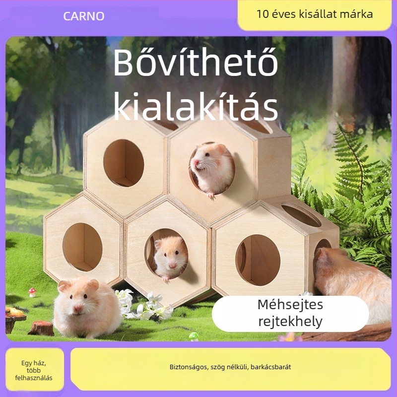 Fából készült kétszintes hörcsög-házikó, kényelmes pihenőhellyel és dekoratív játék- és környezetdíszítő kiegészítőkkel