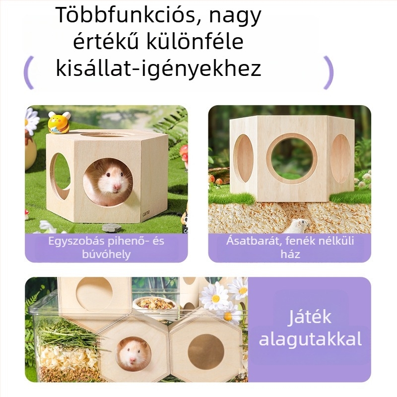 Fából készült kétszintes hörcsög-házikó, kényelmes pihenőhellyel és dekoratív játék- és környezetdíszítő kiegészítőkkel