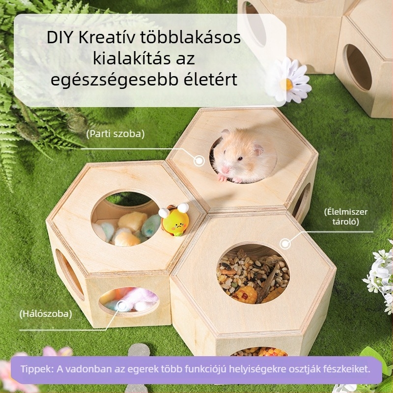 Fából készült kétszintes hörcsög-házikó, kényelmes pihenőhellyel és dekoratív játék- és környezetdíszítő kiegészítőkkel
