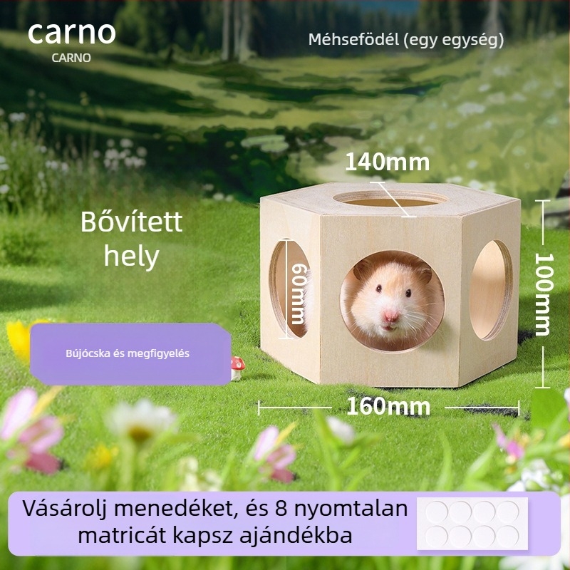 Fából készült kétszintes hörcsög-házikó, kényelmes pihenőhellyel és dekoratív játék- és környezetdíszítő kiegészítőkkel