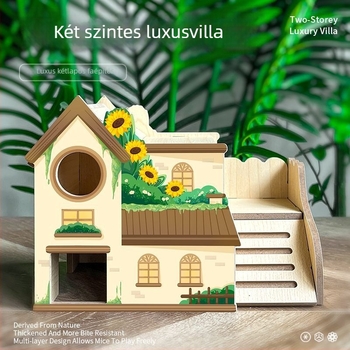 Fából készült hörcsög menedékház — Kétszintes odú a ketrec díszítéséhez