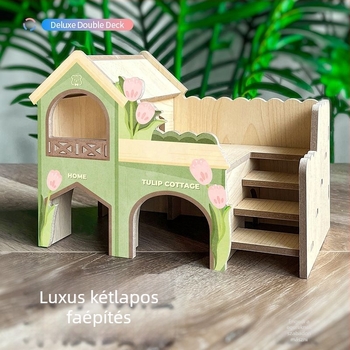Fából készült hörcsög menedékház — Kétszintes odú a ketrec díszítéséhez