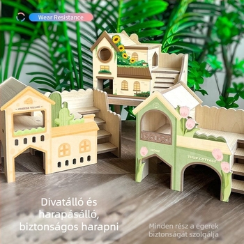Fából készült hörcsög menedékház — Kétszintes odú a ketrec díszítéséhez