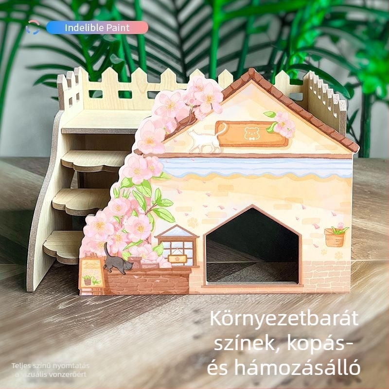 Fából készült hörcsög menedékház — Kétszintes odú a ketrec díszítéséhez