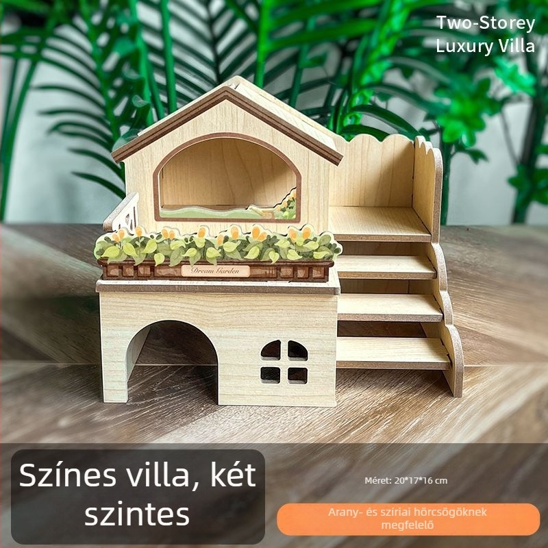 Fából készült hörcsög menedékház — Kétszintes odú a ketrec díszítéséhez