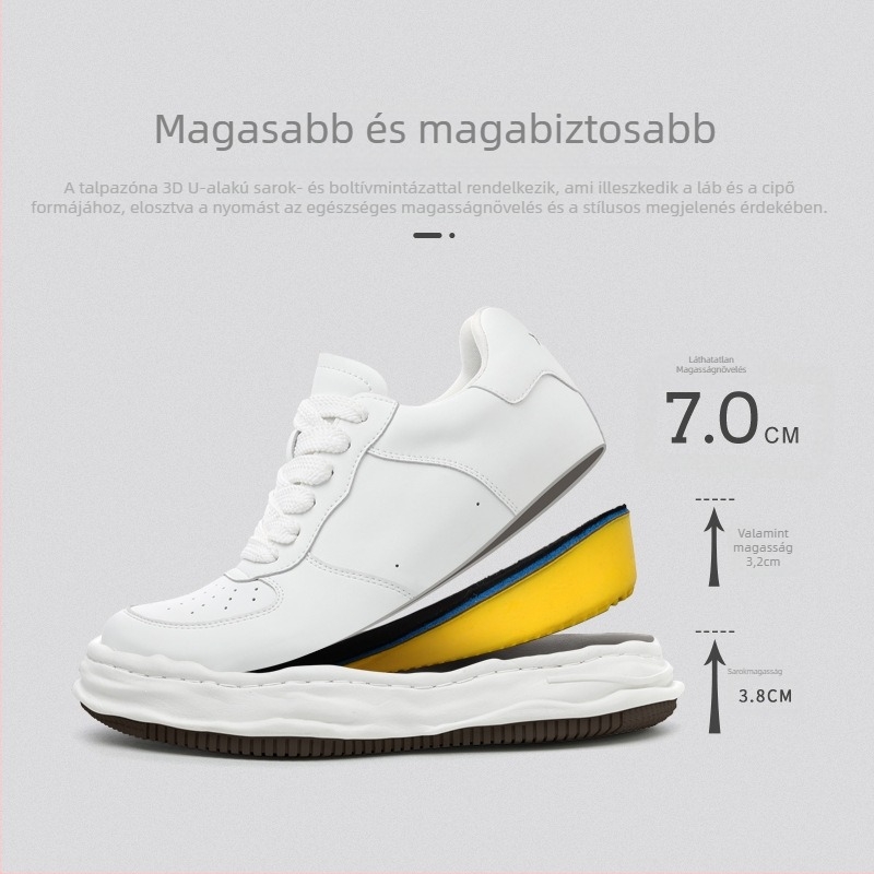 Férfi magasságnövelő tornacipő, 7 cm-es emeléssel, alacsony profilú, két réteg marhabőr felsőrész, gumírozott talp
