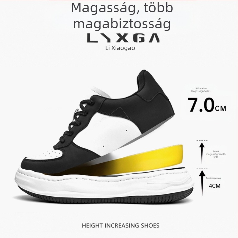 Férfi magasságnövelő tornacipő, 7 cm-es emeléssel, alacsony profilú, két réteg marhabőr felsőrész, gumírozott talp