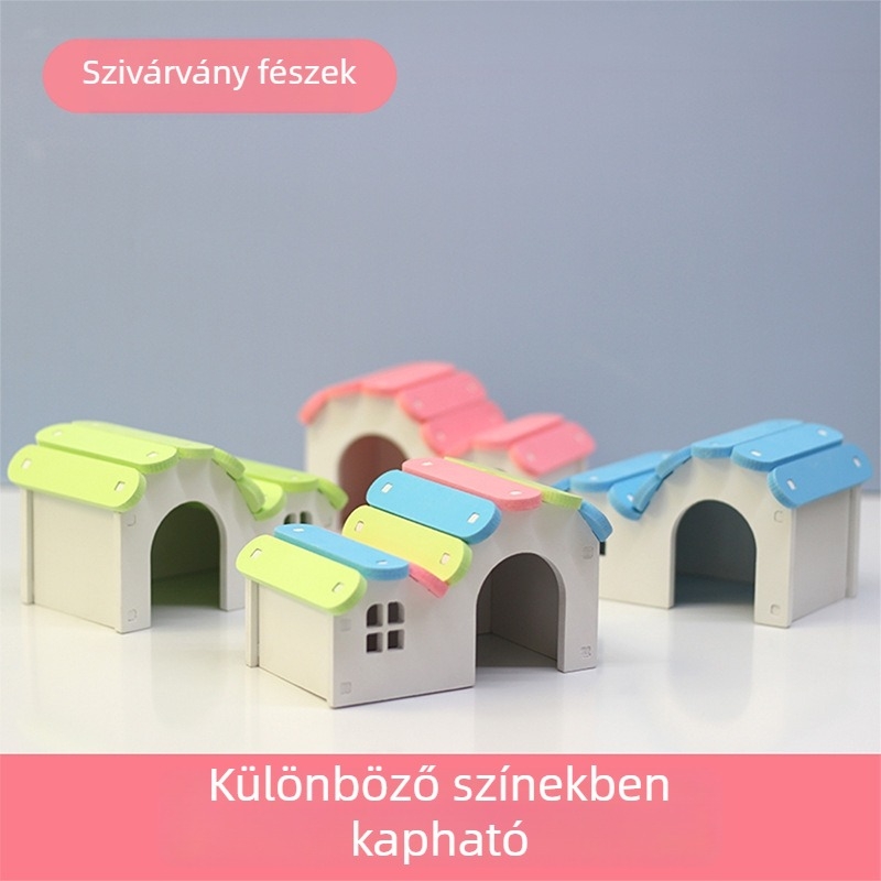 Hőrcsög ketrec kiegészítői: kisméretű szivárványos odú, alvó odú és fa–műanyag játék hörcsögök és tengerimalók számára