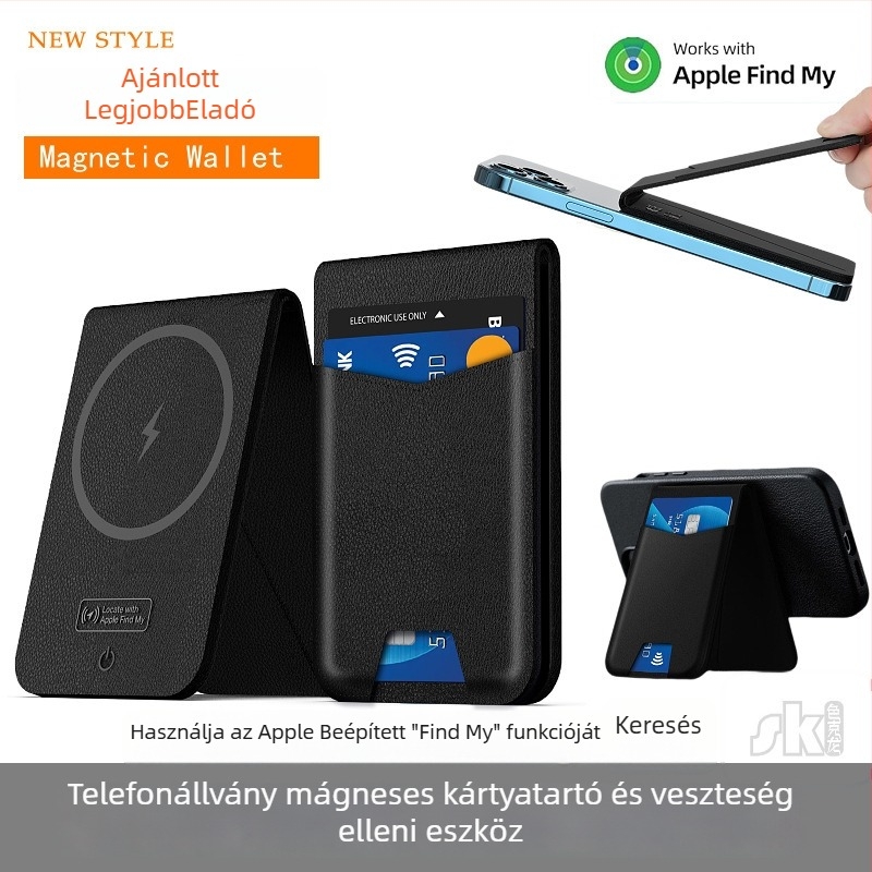 K01 kártyatartó nyomkövető mágneses rögzítéssel, bőr + rozsdamentes acél, Bluetooth nyomkövetés, vezeték nélküli töltés, iOS-kompatibilis