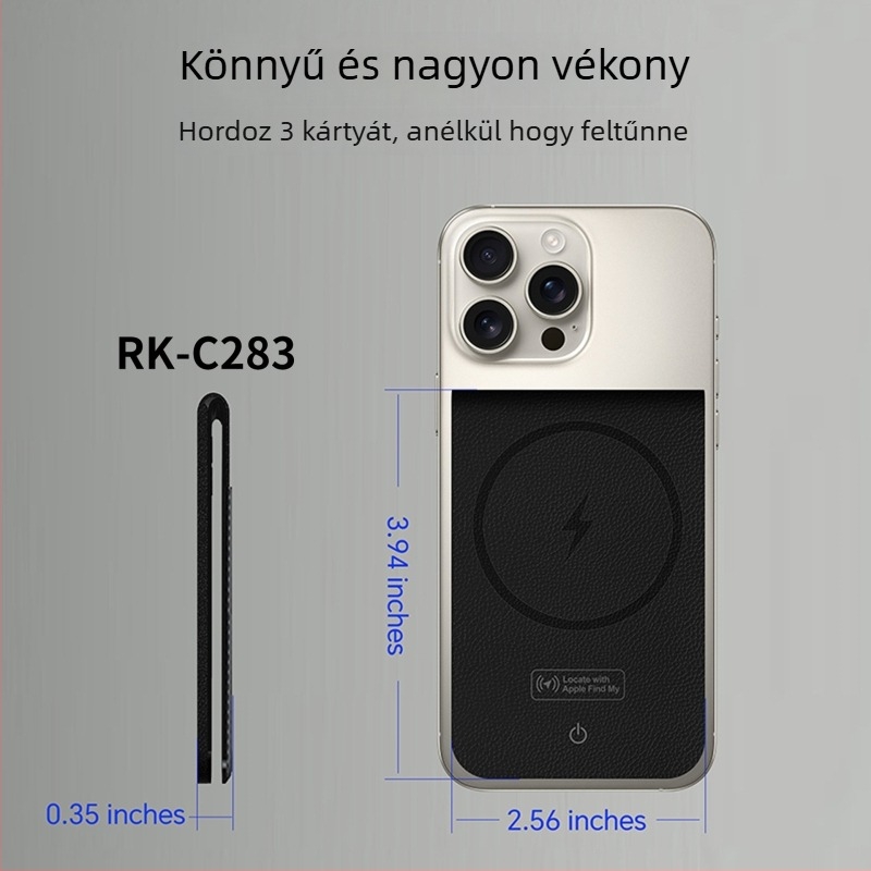 K01 kártyatartó nyomkövető mágneses rögzítéssel, bőr + rozsdamentes acél, Bluetooth nyomkövetés, vezeték nélküli töltés, iOS-kompatibilis