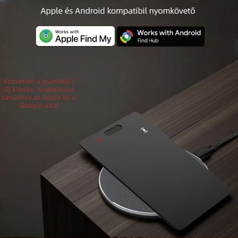 Kettős rendszerű vízálló kártya-nyomkövető eszköz, modell K2 dual system, Apple AirTag és Android kompatibilis, vezeték nélküli interfész, 75 mAh akkumulátor, ABS