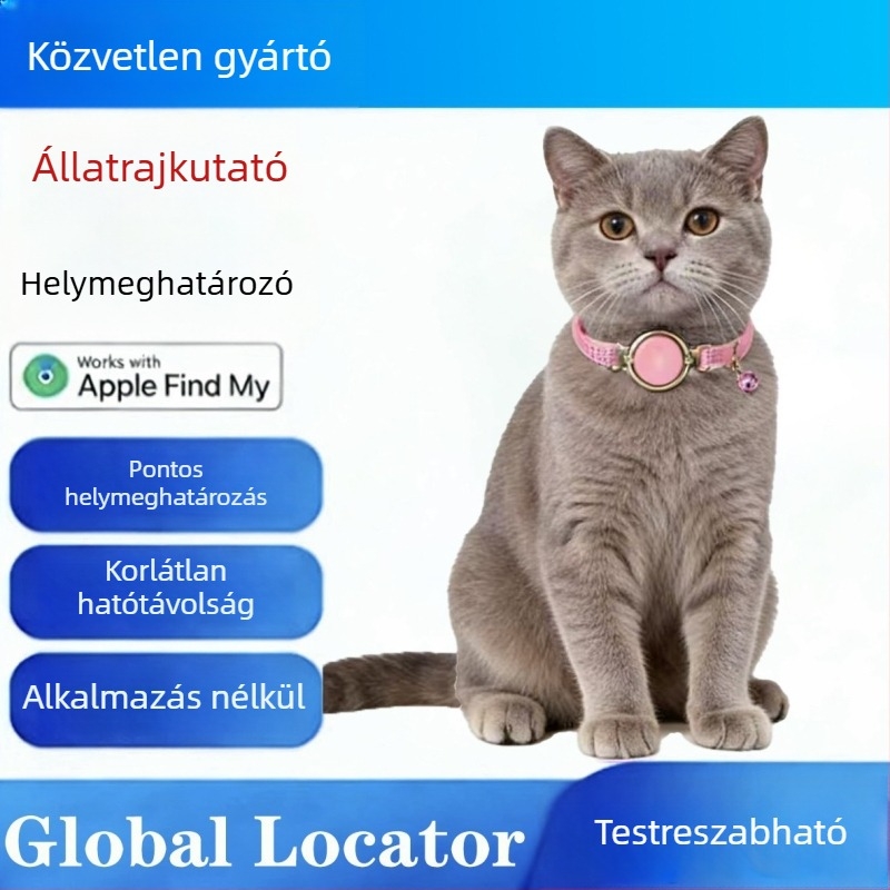 Állatfigyelő nyakörv Airtag-hoz – alumíniumötvözet, gombelem, GPS 30 m pontosság, nyomkövető eszköz