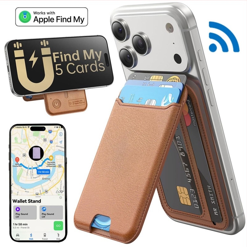 Find My kártyatartó mágneses állvánnyal iOS-hoz (PU anyag, 130 mAh akkumulátor, Find My interfész, mágneses rögzítés)