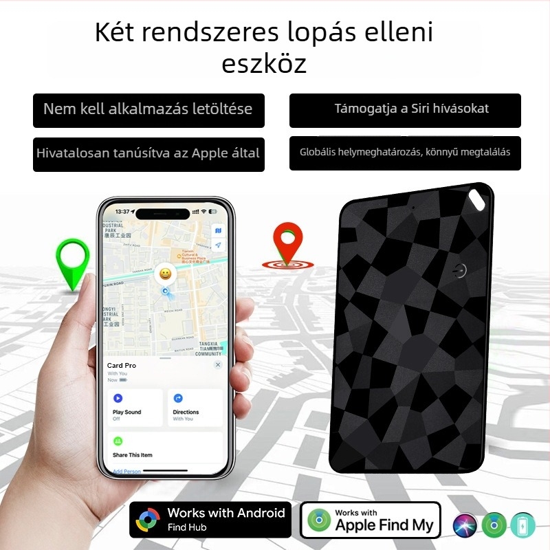Kétrendszerű GPS-tracker iOS és Android számára – kártya alakú anti-loss lokátor, modell K18, ABS, 31 g, 100 mAh, vezeték nélküli töltés