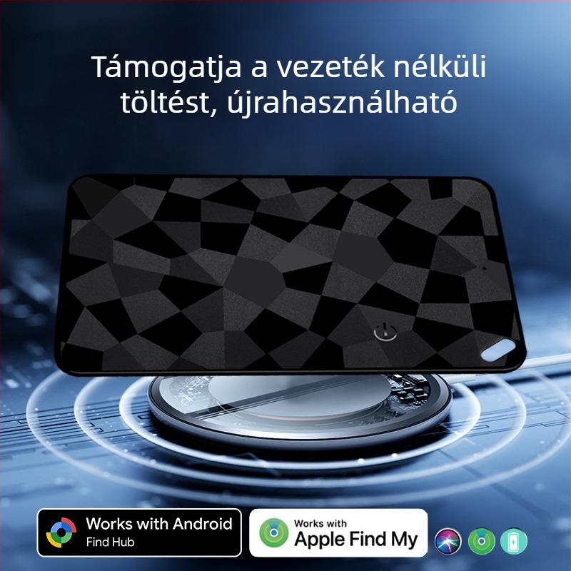 Kétrendszerű GPS-tracker iOS és Android számára – kártya alakú anti-loss lokátor, modell K18, ABS, 31 g, 100 mAh, vezeték nélküli töltés