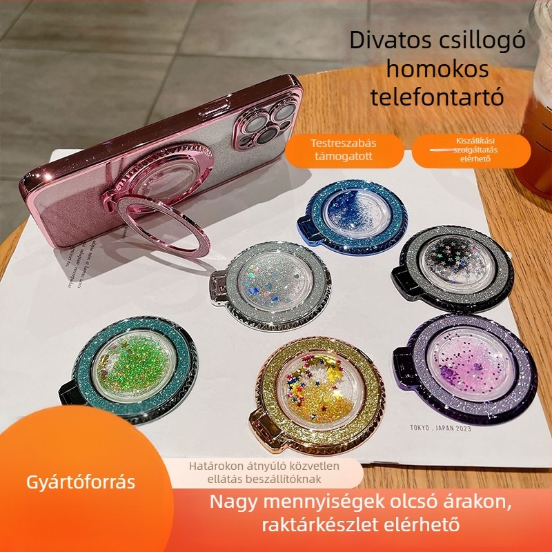 Fém gyűrűs telefonállvány hátoldali homokhatású matricával, asztali hordozható állvány — Testreszabás elérhető