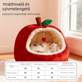 Macskafészek téli meleggel, félig zárt kialakítás, biztonságos és kényelmes, alma alakú fészekkanapé, minden évszakhoz, kis testű macskáknak és kiskutyáknak